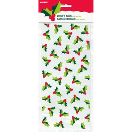 Unique Party 77107 - Cellophane Holly Santa Christmas Party Bags, Pack of 20