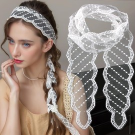 White Twill Polka Dot Head Scarf Headband Narrow Long Lace Headscarf Headband Hair scarf Headbands for Women Lace Headscarf Fabric Hairbands Hair Scarves Womens Bandana Neck Scarfs Head Accessories