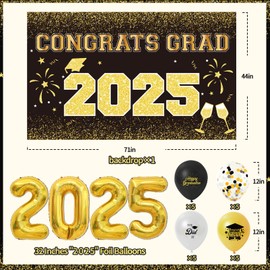 Graduation Decorations 2025, Black and Gold Class of 2025 decorations include Congrats Grad Banner Backdrop, 2025 graduation balloons,Grad 2025 Porch Banner for Graduation Party Supplies