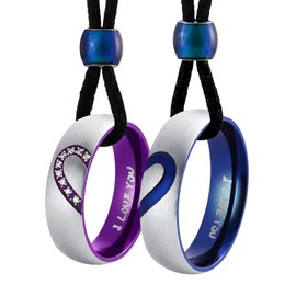 Whoiy Couple Necklace with Heart, Necklace Men Women Stainless Steel Pendant Blue Purple 6 mm Zirconia Ring with Engraving Couple Gifts, Stainless Steel, Cubic Zirconia