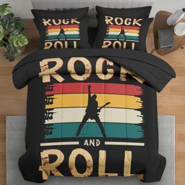 Pamnest Comforter Set Twin Size, Rock Roll Music Vintage 5 Pcs Bedding for Kids and Adults, Retro Guitar Disco Bed Sheet Sets with Fitted Sheet Pillowcase & Sham for Bedroom Bed Decor
