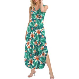 Hawaiian Dresses for Women Sleeveless Loose Fit Long Dress Floral Maxi Dresses for Island Vacation X-Large