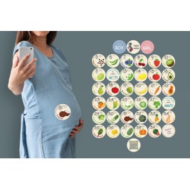 Bump Stickers - 40 Weekly Pregnancy Tracking Stickers – Week 5 to 40 + 4 Bonus Stickers – Pregnancy Photo Prop – Fruit 3.93 Inch (Off White)
