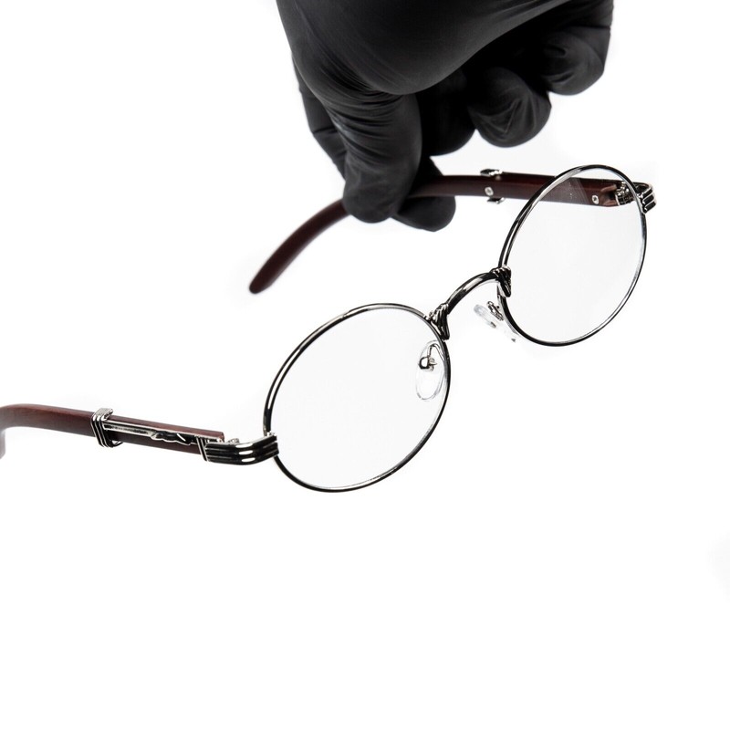 Street Knitted Men's Woodgrain Silver Frame Circle Clear Tint Designer