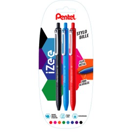 Pentel IZee Retractable Ballpoint Pen with Metal Clip Blister de 3 Black/Sky Blue/Red