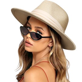 DRESHOW Women Straw Panama Hat Fedora Beach Sun Hat Wide Brim Straw Roll up Hat UPF 50+