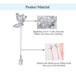 Silver Drop Earrings for Women Girls, Lightweight Dangle Earrings with Cubic Zirconia, Butterfly Stud Earrings with Chain Dangle
