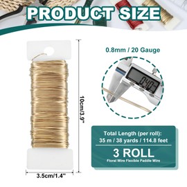 PATIKIL 20 Gauge Floral Flexible Paddle Wire, 115 Yard (345 Feet) Florist Wreath Wire for Crafts Flower Arrangement, Gold 3 Rolls