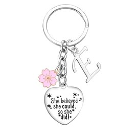 Inspirational Gift Initial Keychain For Women Friends Keyrings With Pink Flower 26 Letter Alphabet Keychain For Her Graduation Christmas Birthday Gifts for Daughter Sister (E)