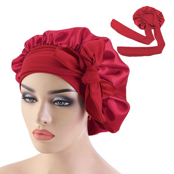 Wide Band Satin Bonnet Cap,Bonnets for Women,Silky Bonnet for Curly Hair,Women Hair Wrap for Sleeping (Wine Red)