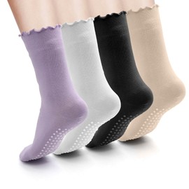 Soleeya 4 Pairs of Ruffle Yoga Socks Women's Multicoloured Pilates Socks with Ruffles Non-Slip Socks Women for Ballet Gym Dance, Universal Size Stopper Socks Cotton Without Seam ABS Socks Women, mix
