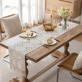 Joyfol Day Boho Table Runner 13 x 108 Inch, Farmhouse Stripe Cotton Table Runners with Tassels for Home Dining Table Decor, Rustic Natural Woven Dresser Scarf, Beige and Taupe