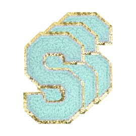 MECCANIXITY Chenille Letters S Patches Large Size 80mm/3.15 Inch Iron-on Letters S Patches Golden Glitter Embroidered Patches for Clothing, Shoes, Hats, Backpacks Pack of 3(Blue)
