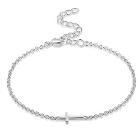 FINELOVE 14K White Gold Cubic Zirconia Cross Bracelet for Women - Adjustable Tennis Bracelet