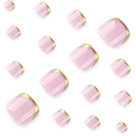 Gold French Tip Press on Toenails Short Square Fake Toe Nail Summer Acrylic Nails with Design Light Pink Full Cover Glossy False Toenail Artificial Stick on Toenails for Women Girls 24Pcs