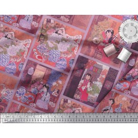 Soimoi Orange Velvet Fabric Flower Vase,Cat & Girl Patchwork Printed Craft Fabric BTY 58 Inch Wide