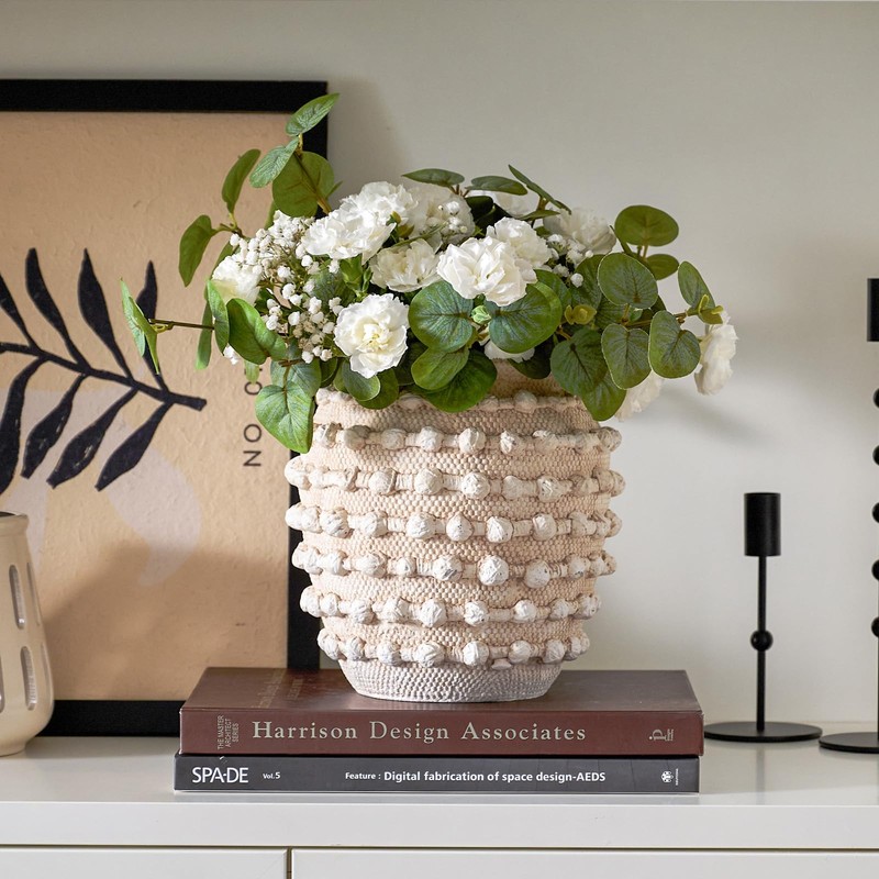 DN DECONATION Beige Rustic Farmhouse Vase, 8.2 Inch Textured Boho