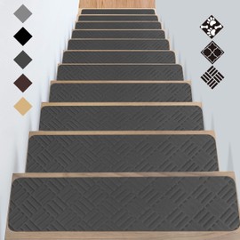 GOYLSER Stair Treads Carpet Peel and Stick with Self Adhesive Tape - 15 Pack Washable Stair Pads for Wooden Steps Non-Slip - 100% Safety Edging Stair Carpet Mat Protector, Grey 8"x30"
