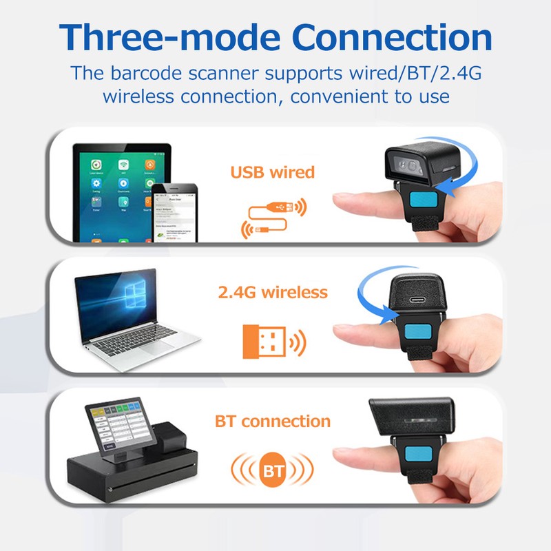 Wearable Ring Type Barcode Scanner USB Wired+2.4G+BT Three-mode Connection Support