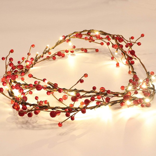 Rhytsing Red Berry Branch Pre-lit Garland with 30LED Lights, Battery