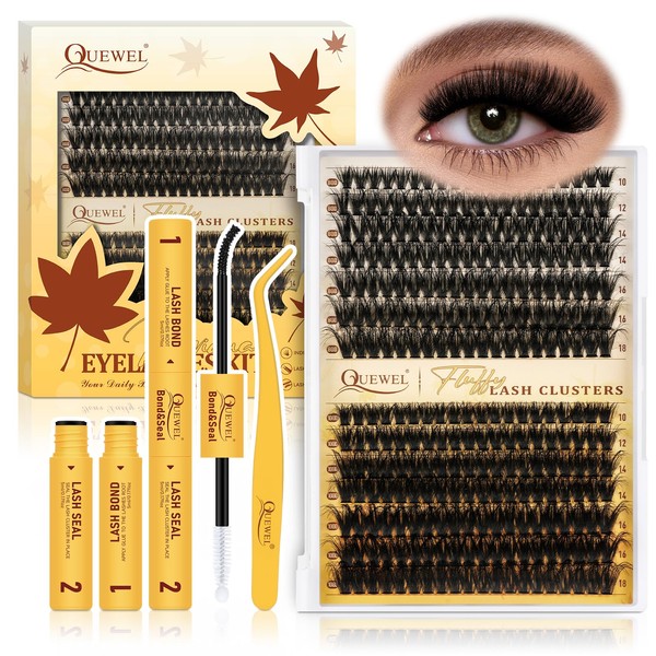 QUEWEL Fluffy Cluster-Lashes Kit 80D+100D Individual-Eyelashes Kit 280Pcs Mix 10-18mm