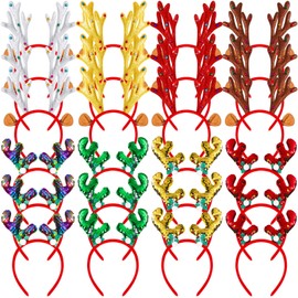 Wettarn 48 Pcs Christmas Reindeer Headbands,Antler Costume Headwears Bulk Shiny Head Topper with Sequin for Christmas Party Favors,8 Styles (Chic)