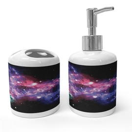 Ambesonne Outer Space Soap Dispenser & Toothbrush Holder Set, Stars and Dusty Gas Cloud in Planetary Cosmos Universe Print, Ceramic Bathroom Toiletry Accessories, 2 Pcs, Purple Pink Navy