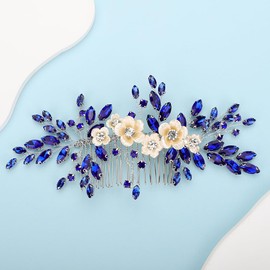 Rumtock Blue Rhinestones Beads White Flower Hair Comb Wedding Bridal Boho Handmade Hair Accessories (Blue)