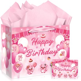 Pig Gifts Bag for Pig Lovers, Pink Pig Birthday Party Favor Bag Cute Pig Wrapping Paper Bag with Greeting Card Tissue Paper Funny Pig Gifts for Girls Women Pig Themed Goodie Bags for Farm Animal Lover