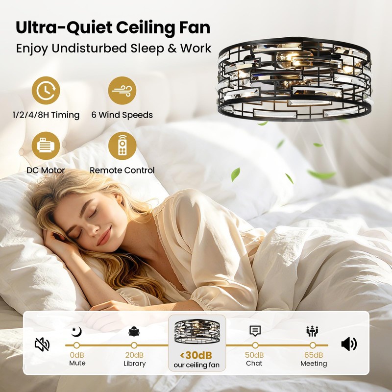 Linour Crystal Caged Ceiling Fan with Light, 18.9'' Flush Mount