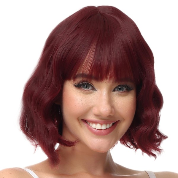 Rose bud Wavy Bob Wig with Bangs Natural Wine Red Wig Synthetic Hair Shoulder Length Short Curly Wigs for Women