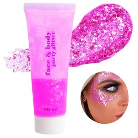 Go Ho Hot Pink Body Glitter Gel,Singer Concerts Pink Face Glitter Makeup,Holographic Long Lasting Chunky Sequins Glitters for Eye Lip Hair Nails,Festival Rave Accessories,52g