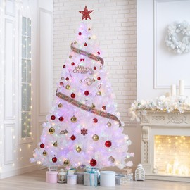 4.5ft Pre-Lit Pink Christmas Tree - Artificial Xmas Pine Tree, Holiday Party Decoration for Home Office, Full Prelighted Warm White LED Lights, Foldable Base, Easy Assembly