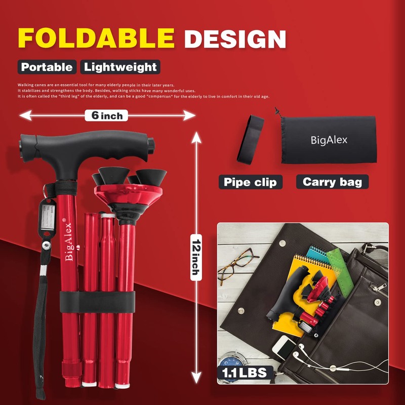 BigAlex Folding Walking Cane with LED Light,Pivoting Quad Base,Adjustable Walking