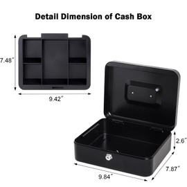 Jssmst Cash Box with Key Lock, Money Box with Cash Tray, Lock Box, Black, Large