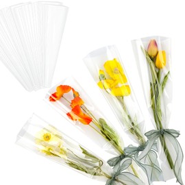 Framendino, 100 Pack Single Rose Clear Bags Flower Packaging Bag Floral Bouquet Wrapping Paper for Birthday Gift Valentines Day
