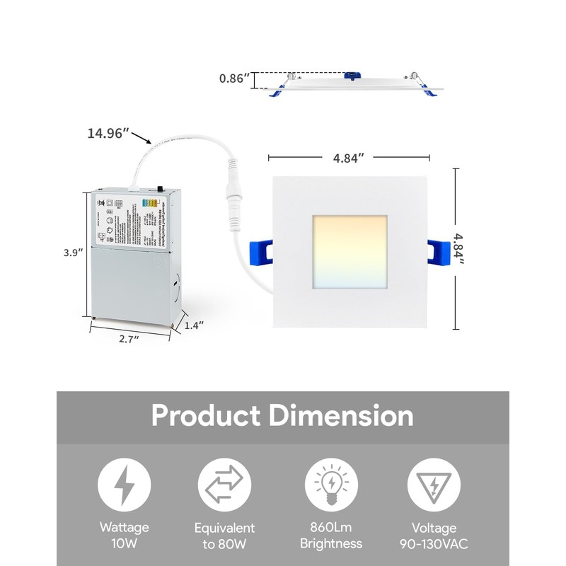 Adetu 4 inch Square Led Recessed Lighting,6 Pack 5CCT Ultra