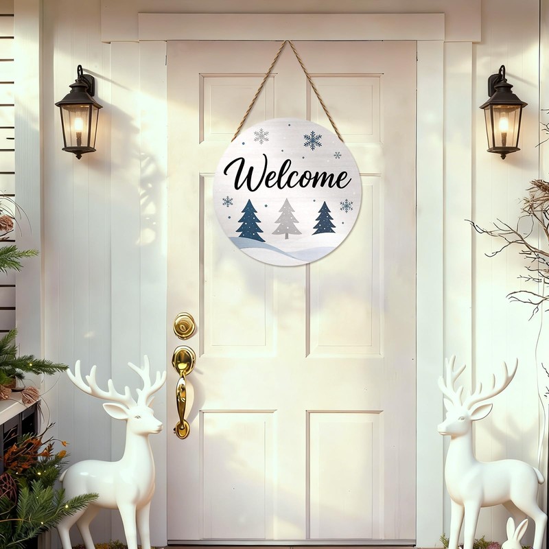 Winter Welcome Door Sign,Wooden Snowy Pine Tree Door Decor