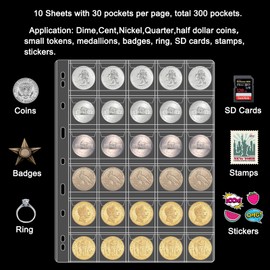 30 Pocket Coin Pages for Collectors, 10 Sheets Coins Sleeves Coin Holders Stamp Collector Supplies with Standard 9 Hole for Coin Binder, Coin Collection Supplies Pages for Pennies Quarters Stamps