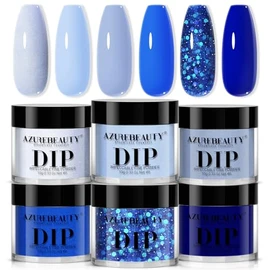 AZUREBEAUTY Dip Powder, Royal Navy Sky Icy Blue Glitter 6 Colors Dipping Powder Starter Kit French Nail Art Manicure DIY Salon for Women, No Need Nail Lamp Cured
