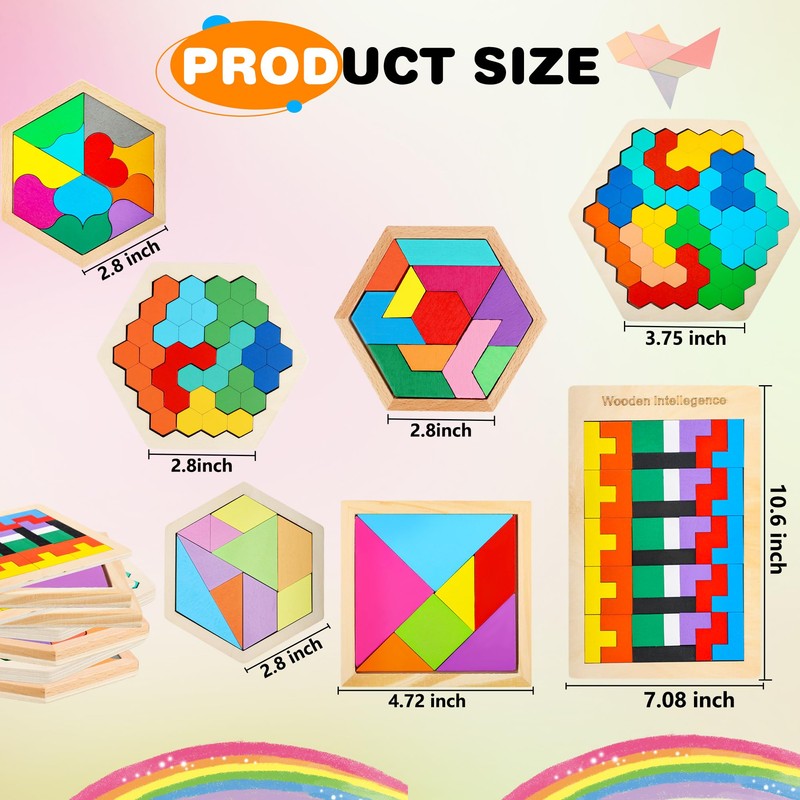 7 Pack Wooden Tangrams Puzzle Set Wooden Hexagon Puzzles Wood