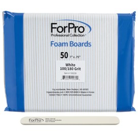 ForPro Nail Foam Boards, White, 100/180 Grit, Double-Sided Manicure and Pedicure Nail Files, 7” L x .75” W, 50-Count