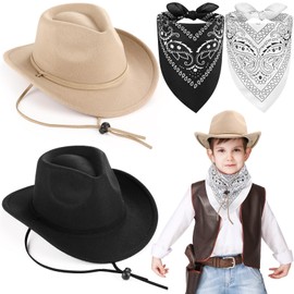 Xtinmee 4 Pcs Kids Western Cowboy Hat Set Toddler Boy Costume Outfit Cowgirl Hats Bulk Paisley Bandanas for Kids(Black, Light Brown)