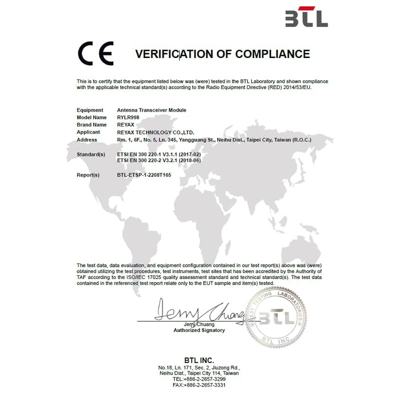 REYAX RYLR998 UART Interface 868/915 MHz Lora Module with Antenna