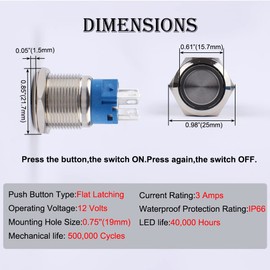 JIQI 2Pcs 19mm 0.75'' Latching Push Button Switch 12V-24V Waterproof LED On Off Metal Self-Locking Switch 1 NO 1 NC for 3/4'' Mounting Hole with Wire Socket Plug(Red)