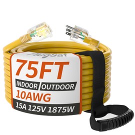 75ft 10 Gauge Outdoor Extension Cord Waterproof with Lighted Indicator,10 AWG SJTW Heavy Duty 15Amp 1875W,3 Prong Cords Flexible Copper Yellow ETL Listed