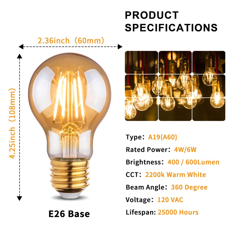 12Pack 2200k Led Light Bulb, Vintage A19 Edison Bulbs, Dimmable