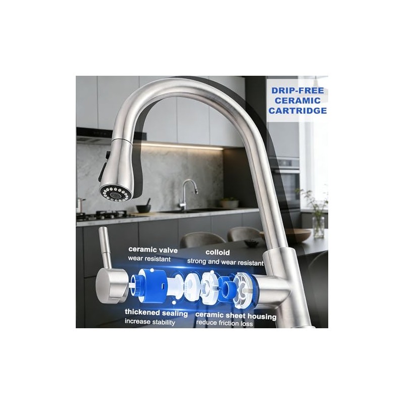 Kitchen Faucet with Pull Down Sprayer, Modern Single Handle Pull