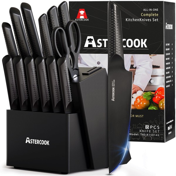 Astercook 15-Piece Kitchen Knife Set with Block & Sharpener, German