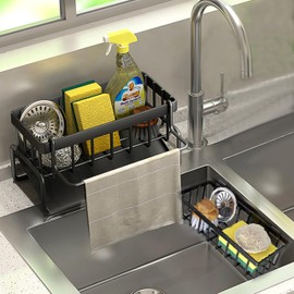 HanYun Pack of 2 Sink Organiser, Sink Kitchen Organiser, Stainless Steel with Self-Draining Plastic Organiser, Black Sink Organiser, Kitchen Sink Caddy Organiser, for Washing Up Brushes